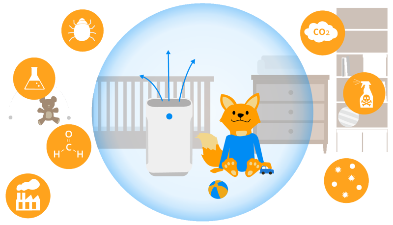 Der fröhliche Babyfuchs wird sitzt neben einem Luftreiniger, der das Kind von unterschiedlichen Luftverschmutzungen beim Spielen im Kinderzimmer beschützt